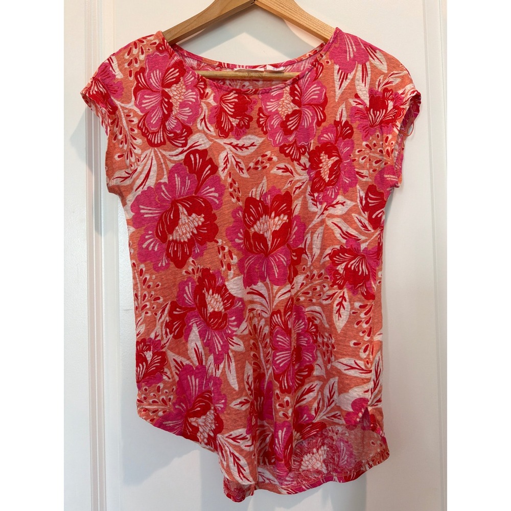 Sigrid Olsen Women Small Pink Orange Floral 100% Linen Cap Sleeve Top Scoop Neck